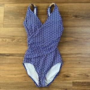 LL Bean‎ One Piece Swimsuit Size 8 Blue Built In Bra V-Neck Wrap Modest Ruched
